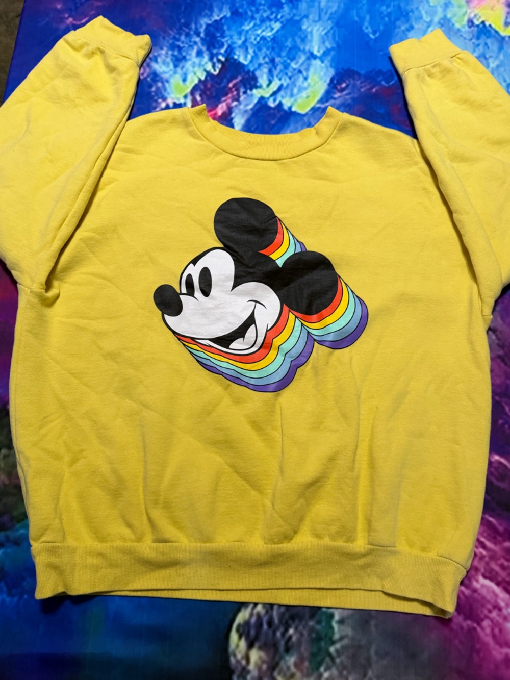 Disney Yellow Sweatshirt with Rainbow Mickey Graphic